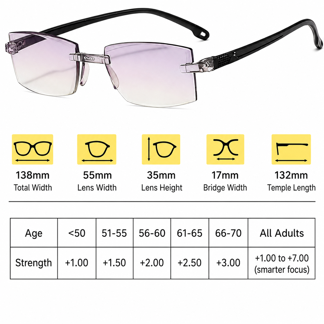 Reading Glasses | Multifocal Progressive | Anti-Blue Light | Rimless Lightweight Design