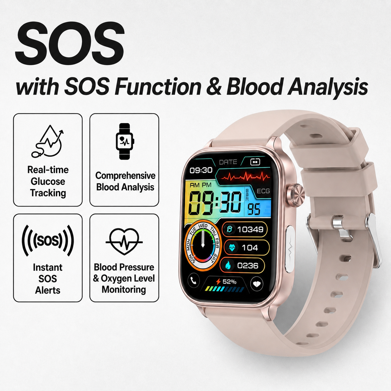 Smartwatch | SOS Emergency Alarm & Fall Detection | Heart Rate & Oxygen Tracking