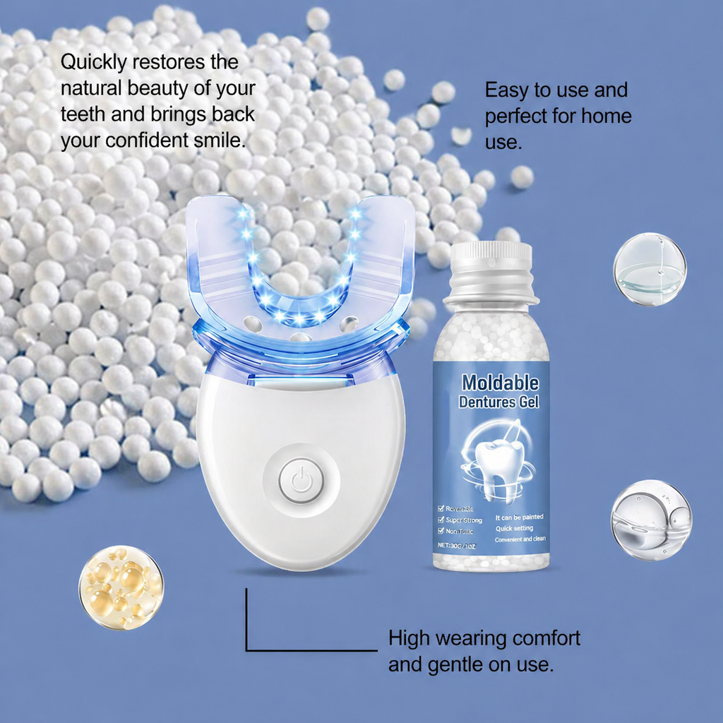 Tooth Repair Kit for Adults | Moldable Denture Gel & LED Curing | Natural-Looking Repair
