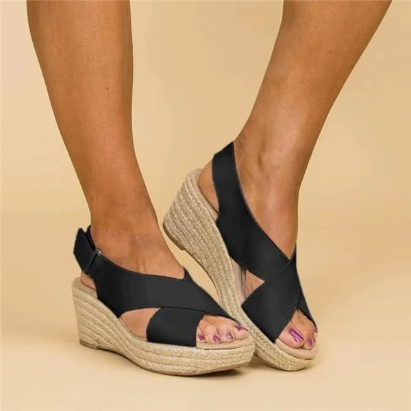 Women's Espadrilles | Orthopedic Wedge Heel | Elastic Cross Strap | Braided Jute Sole