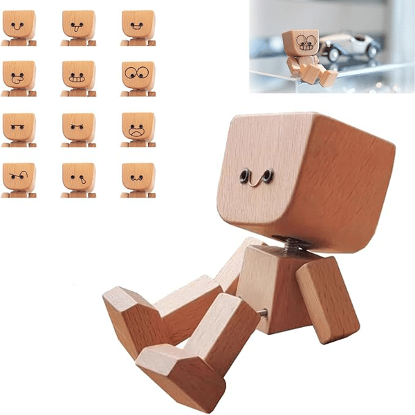 Wooden Decorative Figure | Gentle Rocking Motion | 12 Interchangeable Faces | Natural Wood