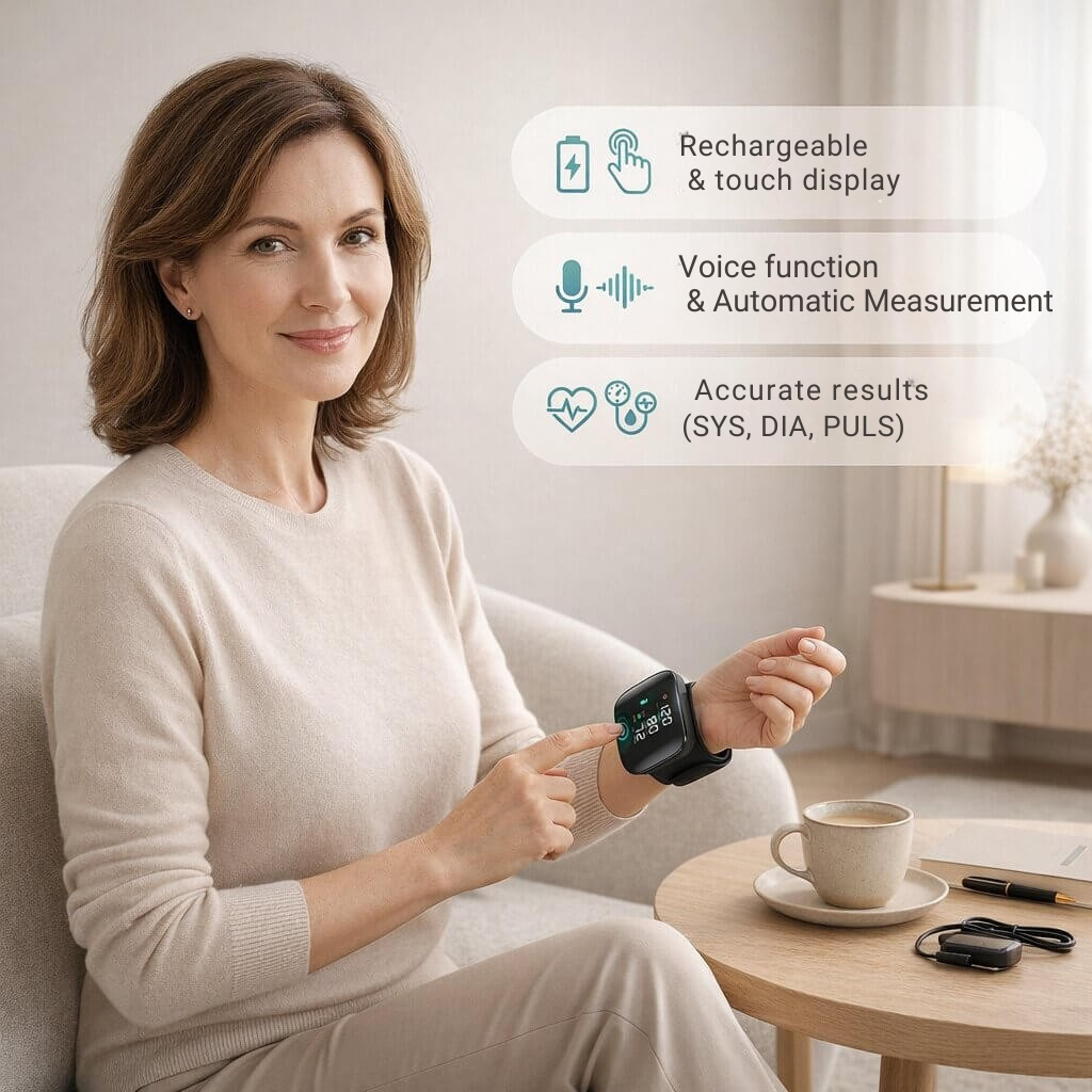 Wrist Blood Pressure Monitor | Touch Display & Voice | USB Rechargeable | Travel-Friendly