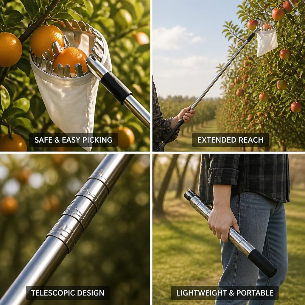 Fruit Picker Pole | Telescopic Stainless Steel | Up to 4m Reach | For Orchard & Garden