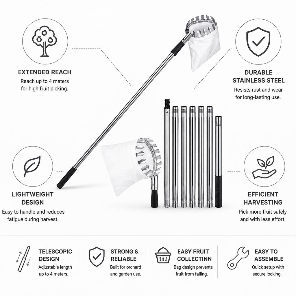 Fruit Picker Pole | Telescopic Stainless Steel | Up to 4m Reach | For Orchard & Garden
