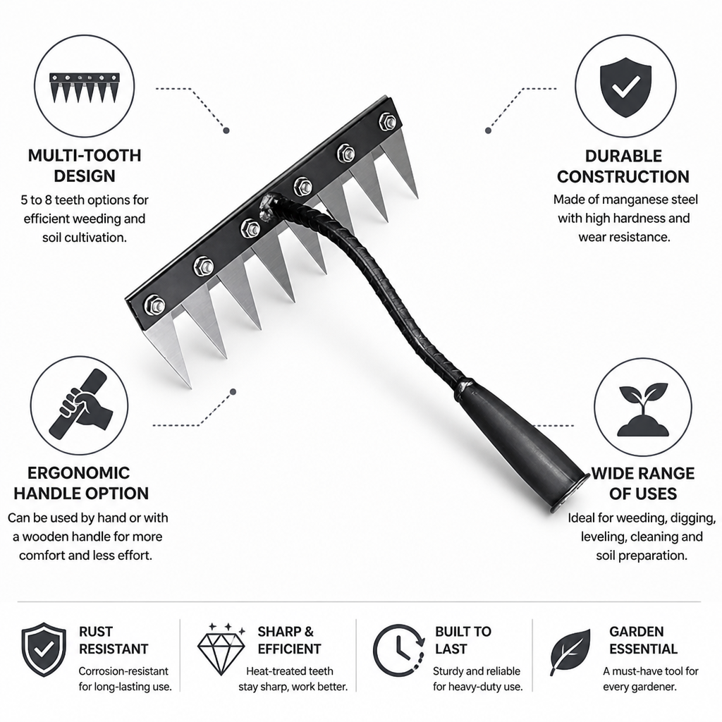 Garden Weeding Rake | 5-8 Teeth Multi-Tooth Design | Manganese Steel Construction | Durable Design