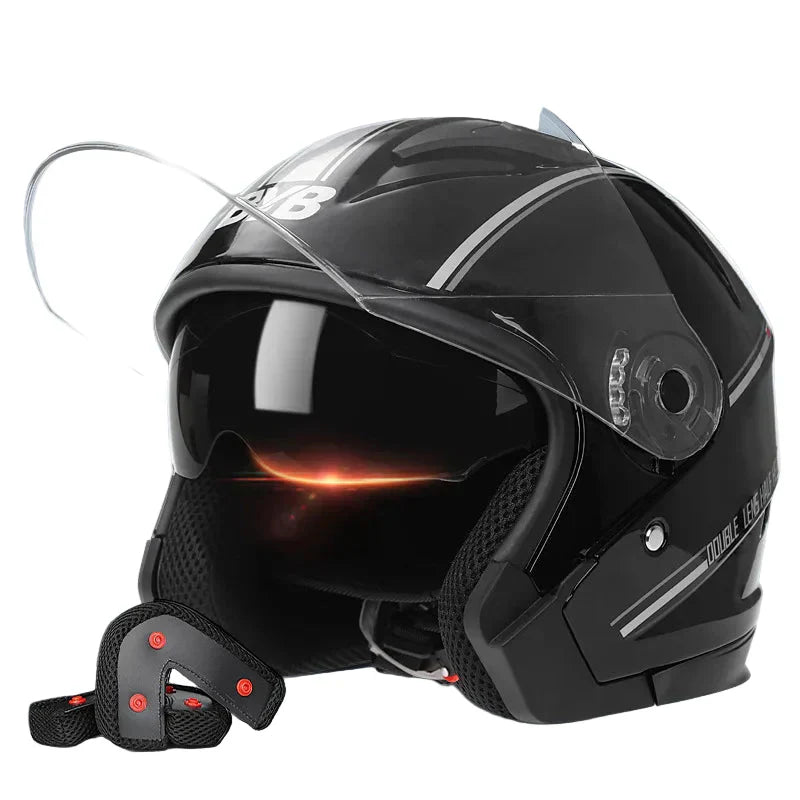 3/4 Open-Face Motorcycle Helmet | Retro Style | Anti-Fog Double-Lens Visor | Lightweight