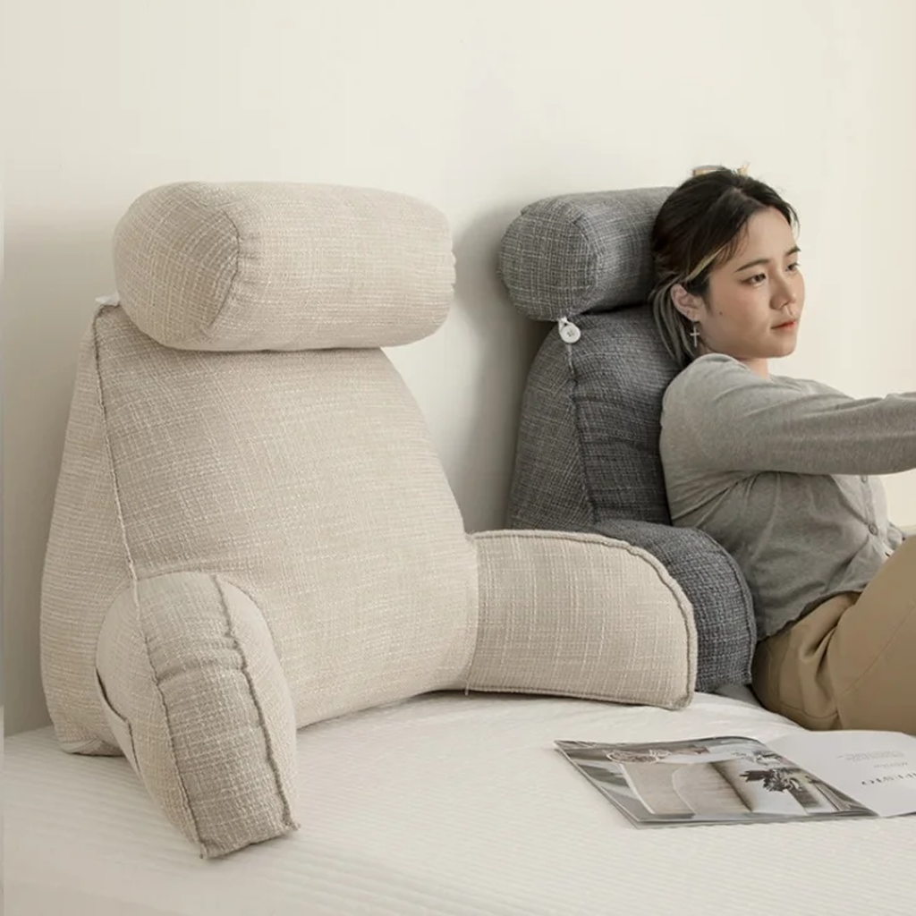 Back Support Pillow | Ergonomic with Adjustable Headrest & Armrests | Cotton Blend Cover