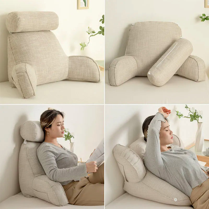 Back Support Pillow | Ergonomic with Adjustable Headrest & Armrests | Cotton Blend Cover