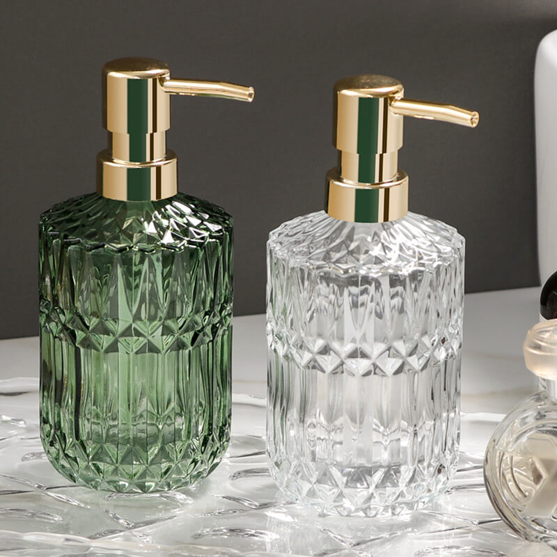 Bathroom Soap Dispenser | Diamond-Pattern Glass | 390ml Capacity | Elegant Design
