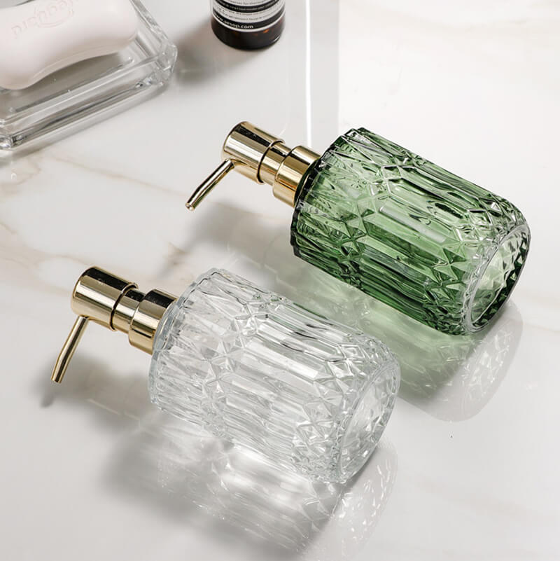Bathroom Soap Dispenser | Diamond-Pattern Glass | 390ml Capacity | Elegant Design
