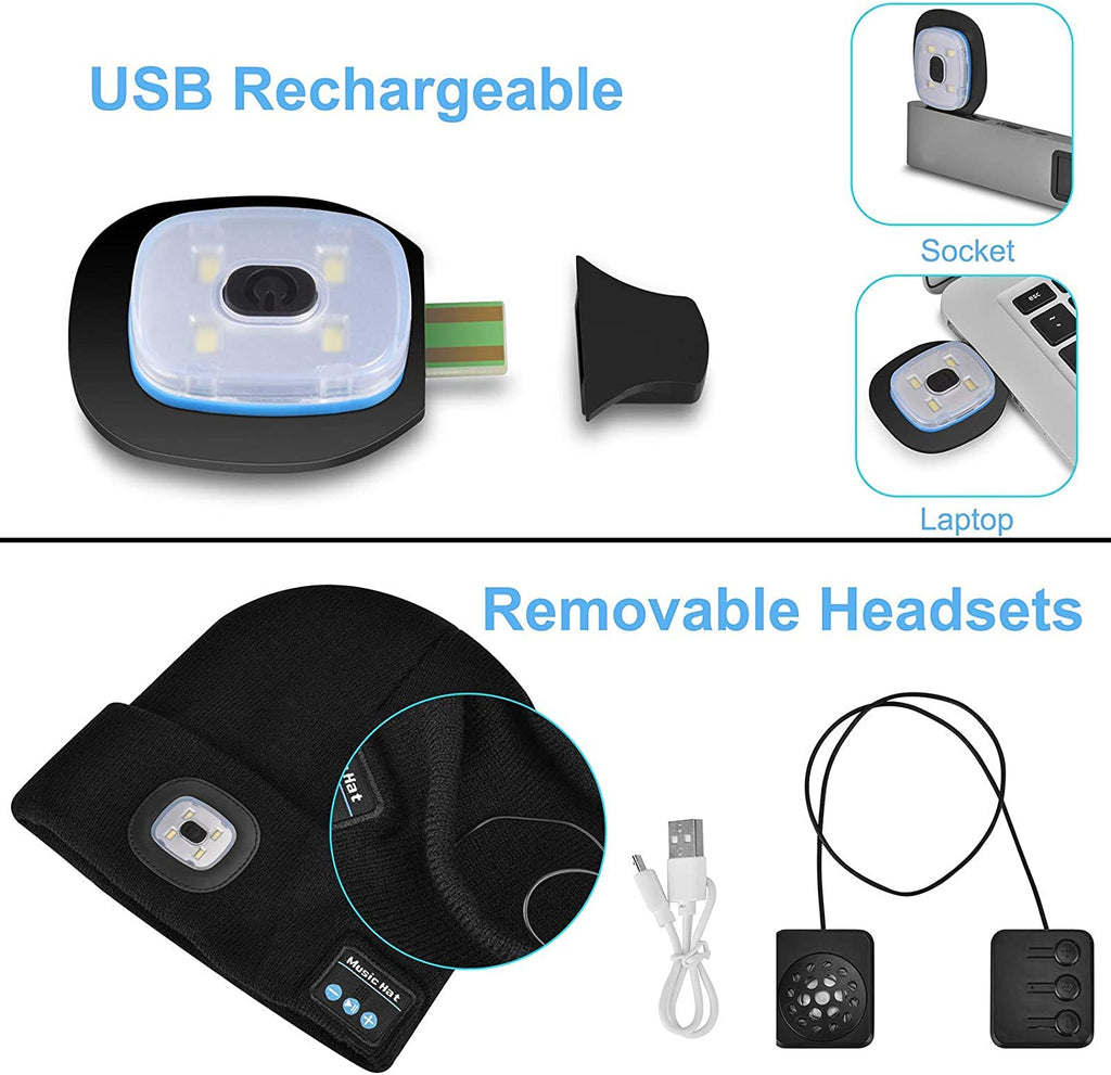 Bluetooth Beanie Hat (Unisex) | Wireless Headphones & Detachable LED | USB Rechargeable