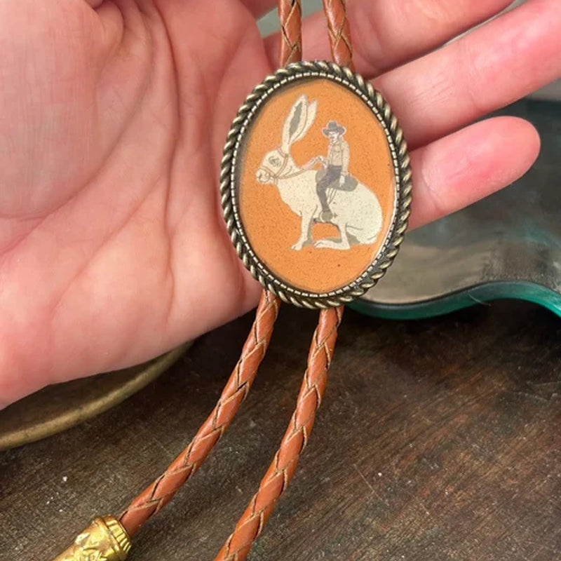 Bolo Tie | Frog Playing Banjo Design | Leather Cord & Stainless Steel Slide | Adjustable Fit