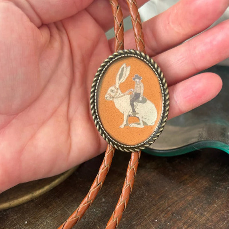 Bolo Tie | Frog Playing Banjo Design | Leather Cord & Stainless Steel Slide | Adjustable Fit