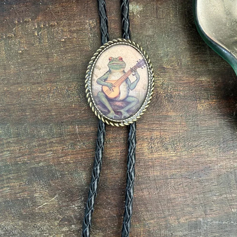 Bolo Tie | Frog Playing Banjo Design | Leather Cord & Stainless Steel Slide | Adjustable Fit