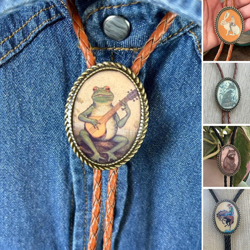 Bolo Tie | Frog Playing Banjo Design | Leather Cord & Stainless Steel Slide | Adjustable Fit