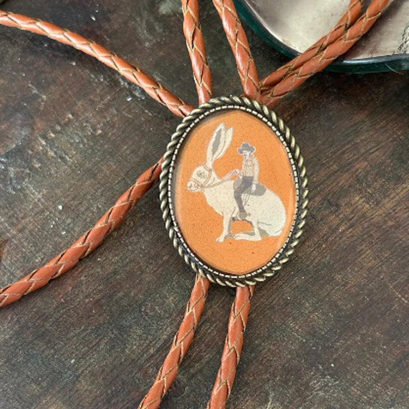 Bolo Tie | Frog Playing Banjo Design | Leather Cord & Stainless Steel Slide | Adjustable Fit