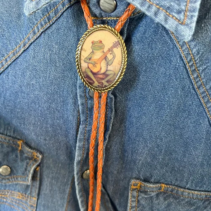 Bolo Tie | Frog Playing Banjo Design | Leather Cord & Stainless Steel Slide | Adjustable Fit