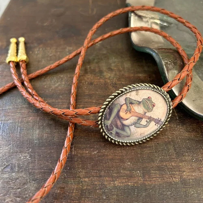 Bolo Tie | Frog Playing Banjo Design | Leather Cord & Stainless Steel Slide | Adjustable Fit