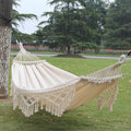 Double Camping Hammock | Fringed Cotton Canvas | 200x150cm Size & Removable Wooden Pole