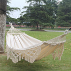 Double Camping Hammock | Fringed Cotton Canvas | 200x150cm Size & Removable Wooden Pole