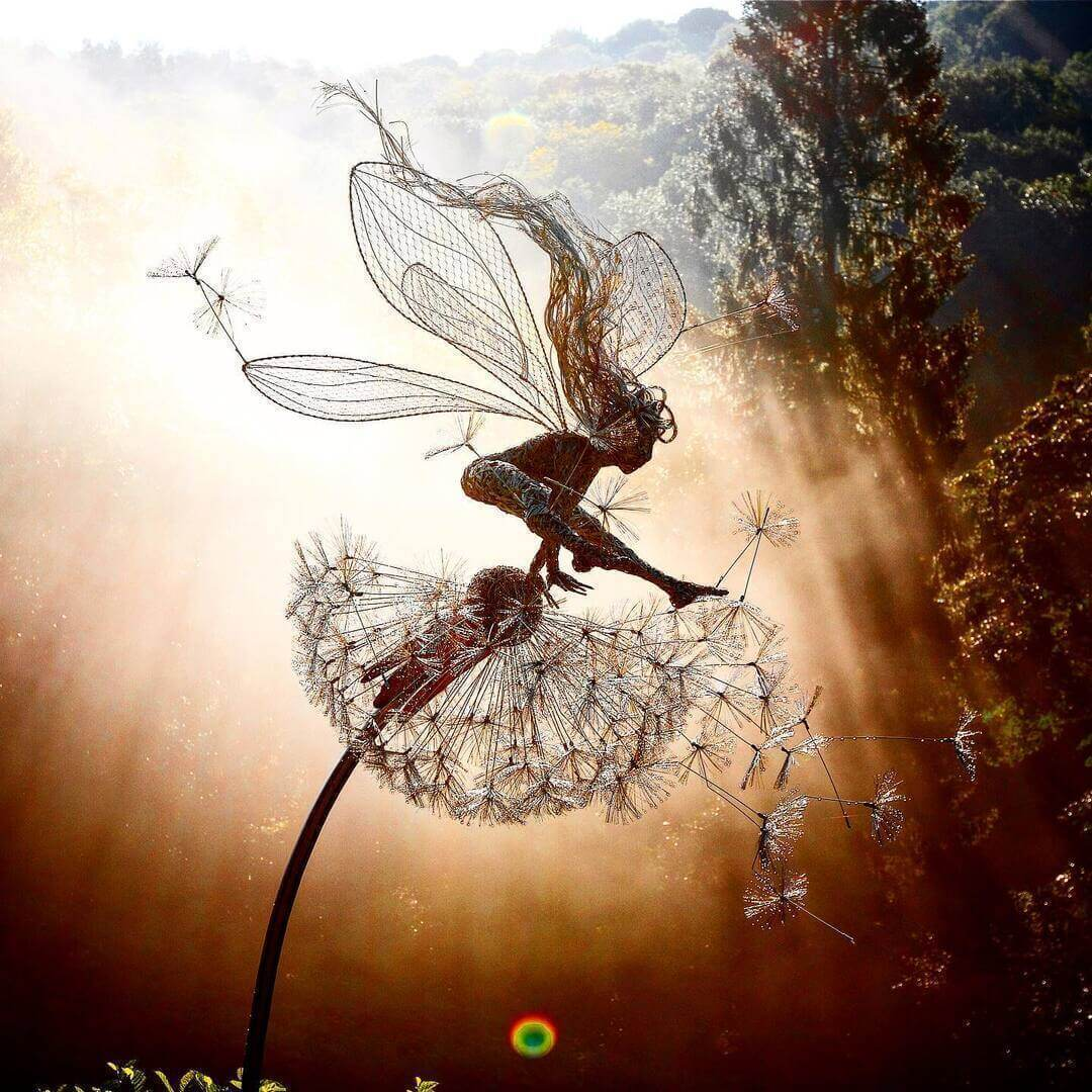 Fairy Garden Stake | Dancing Fairy Wind Spinner | Metal Dandelion & 31.5 in Stake