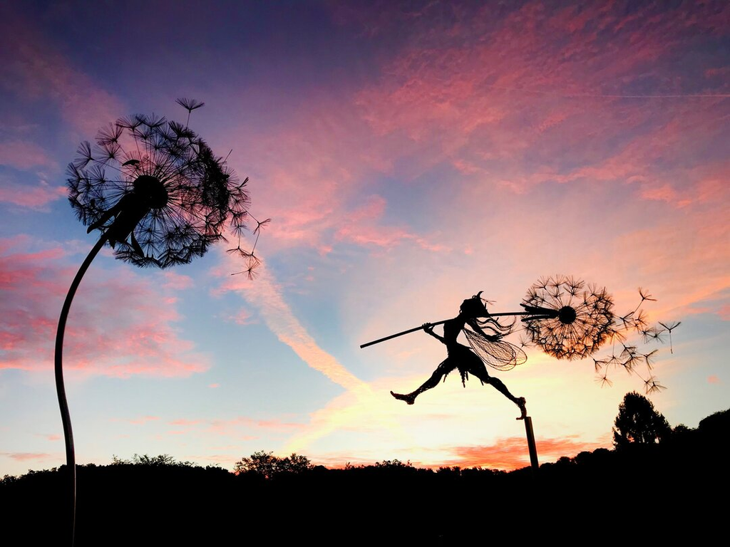 Fairy Garden Stake | Dancing Fairy Wind Spinner | Metal Dandelion & 31.5 in Stake