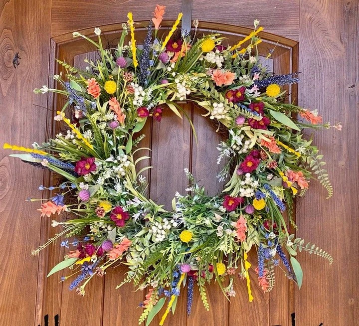 Front Door Decorative Wreath | Texas Wildflower Design | Silk Flowers on Grapevine Base | 16-inch