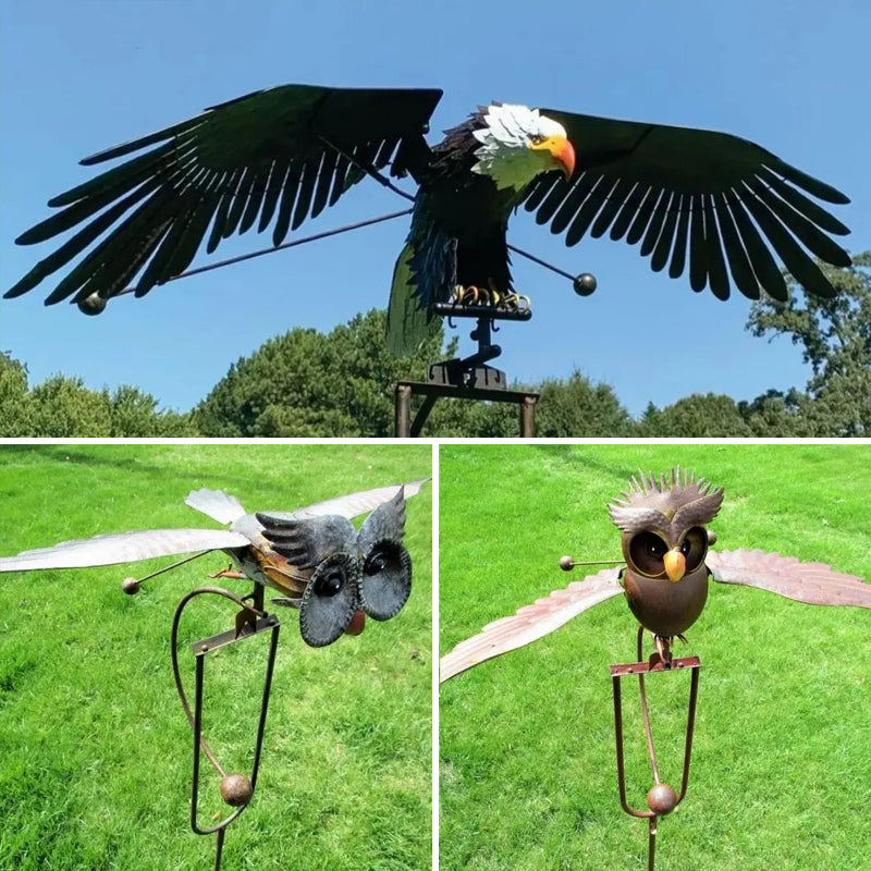 Garden Bird Wind Spinner | Animated Swinging Design | Powder-Coated Metal, Eagle & Owl Styles