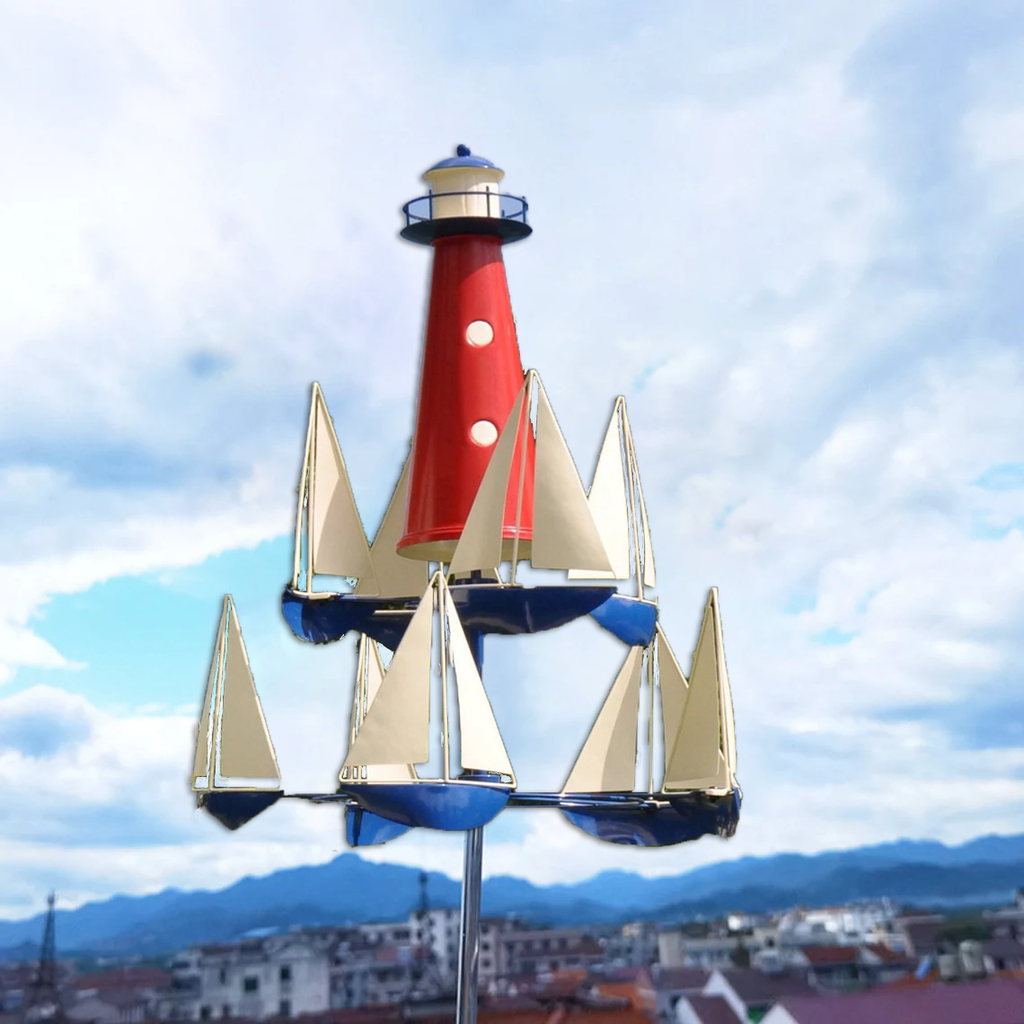 Garden Wind Spinner | Nautical Kinetic Sculpture with Spinning Boats | 38 in Metal Yard Decor