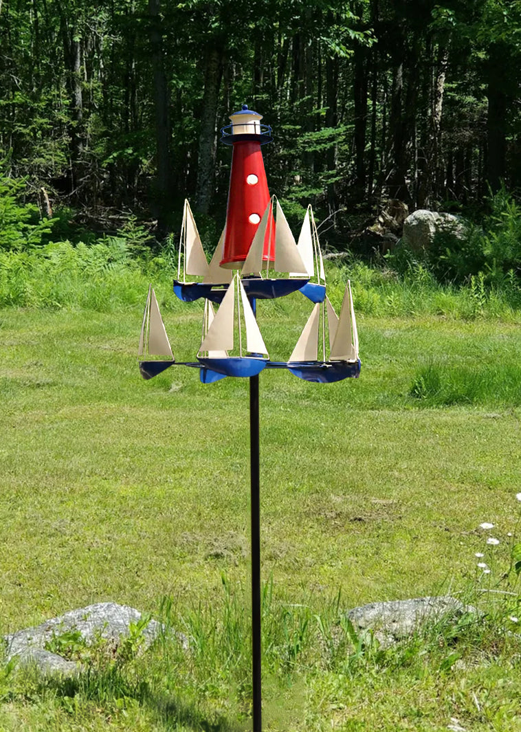Garden Wind Spinner | Nautical Kinetic Sculpture with Spinning Boats | 38 in Metal Yard Decor