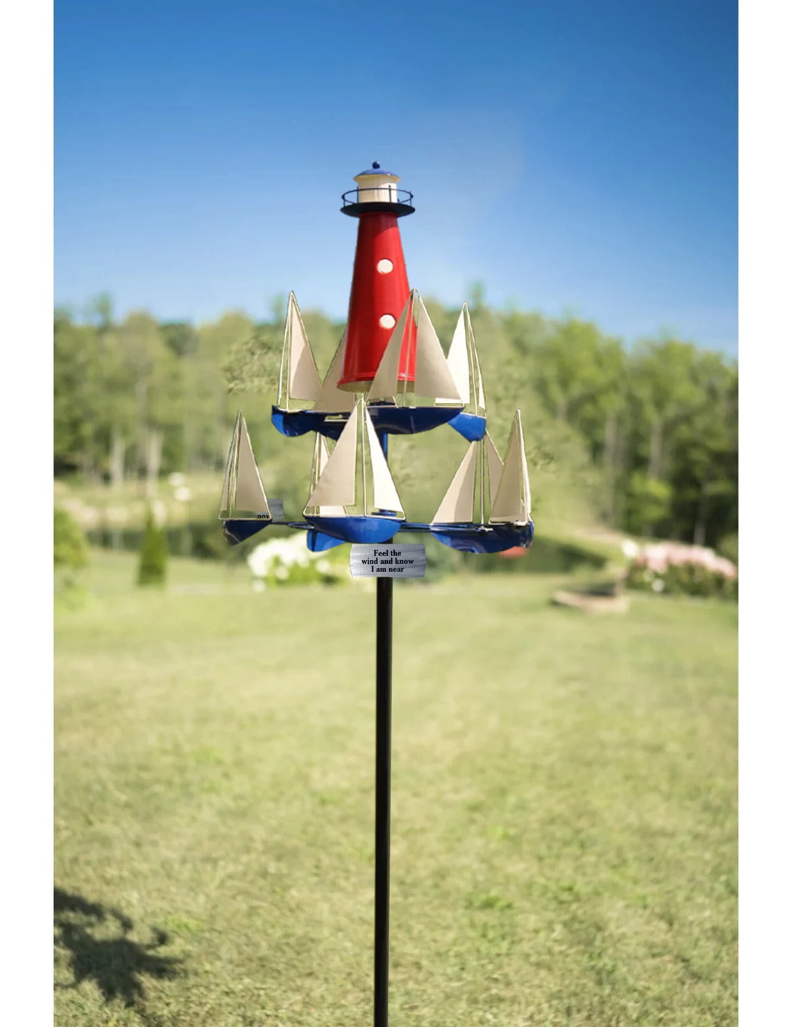 Garden Wind Spinner | Nautical Kinetic Sculpture with Spinning Boats | 38 in Metal Yard Decor