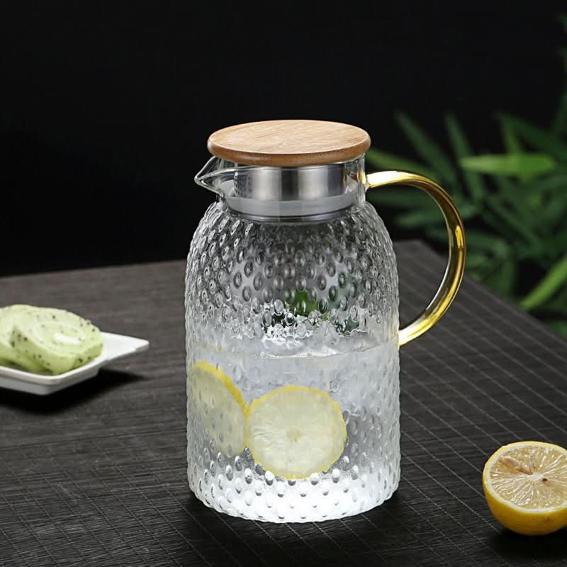 Glass Pitcher | Heat-Resistant Textured Glass | Bamboo Lid with Dual Pour | For Hot & Cold Drinks