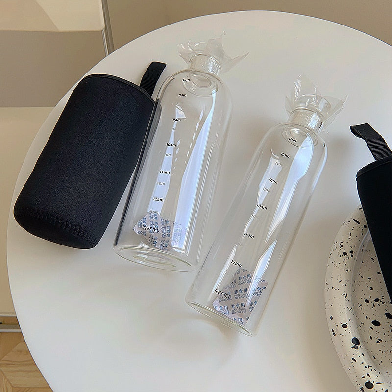 Glass Water Bottle | Time Scale Design | Temperature-Regulating | Leak-Proof Lid