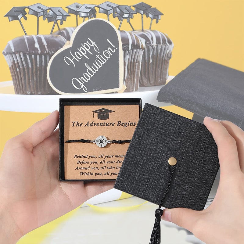 Graduation Bracelet | Stainless Steel Compass Charm | Adjustable Braided Cord | Gift Box & Card