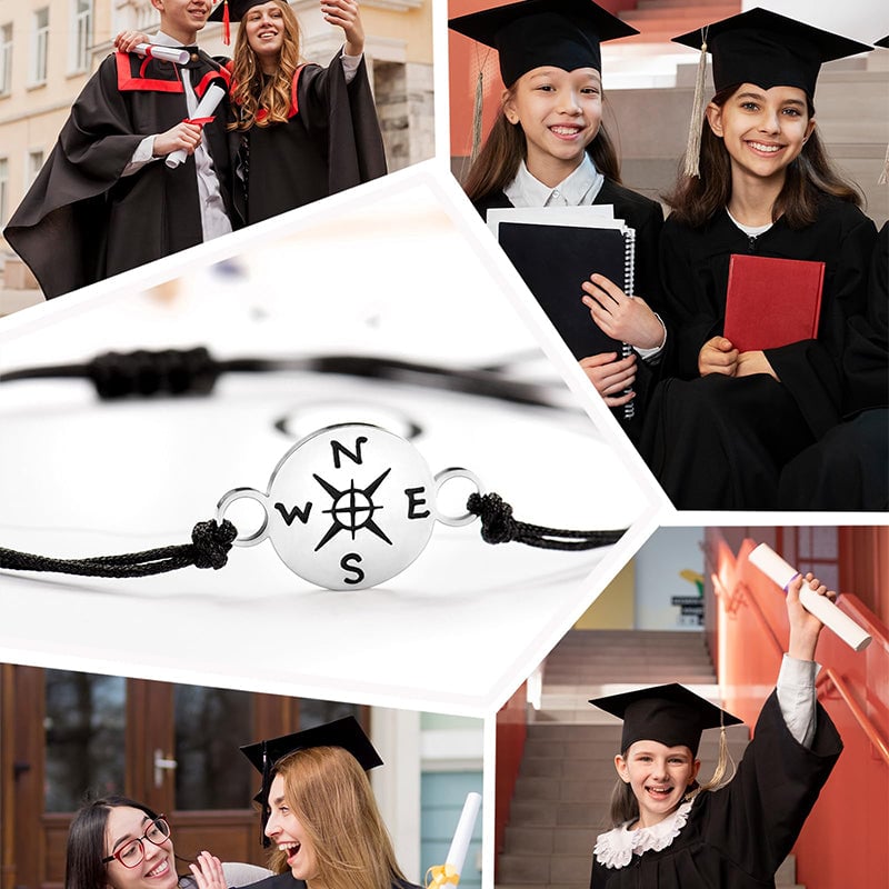 Graduation Bracelet | Stainless Steel Compass Charm | Adjustable Braided Cord | Gift Box & Card