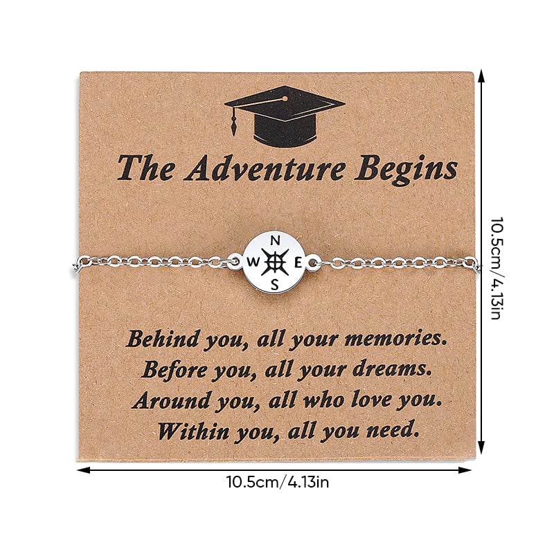 Graduation Bracelet | Stainless Steel Compass Charm | Adjustable Braided Cord | Gift Box & Card