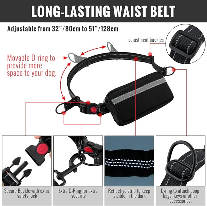 Hands-Free Dog Leash | Shock-Absorbing Bungee | Adjustable Hip Belt with Pockets | Comfortable Fit