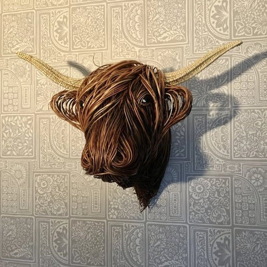 Highland Cow Wall Sculpture | Woven Willow Design | Resin Accents & Curved Horns | Indoor Decor