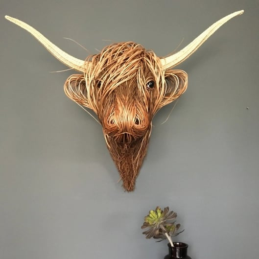 Highland Cow Wall Sculpture | Woven Willow Design | Resin Accents & Curved Horns | Indoor Decor