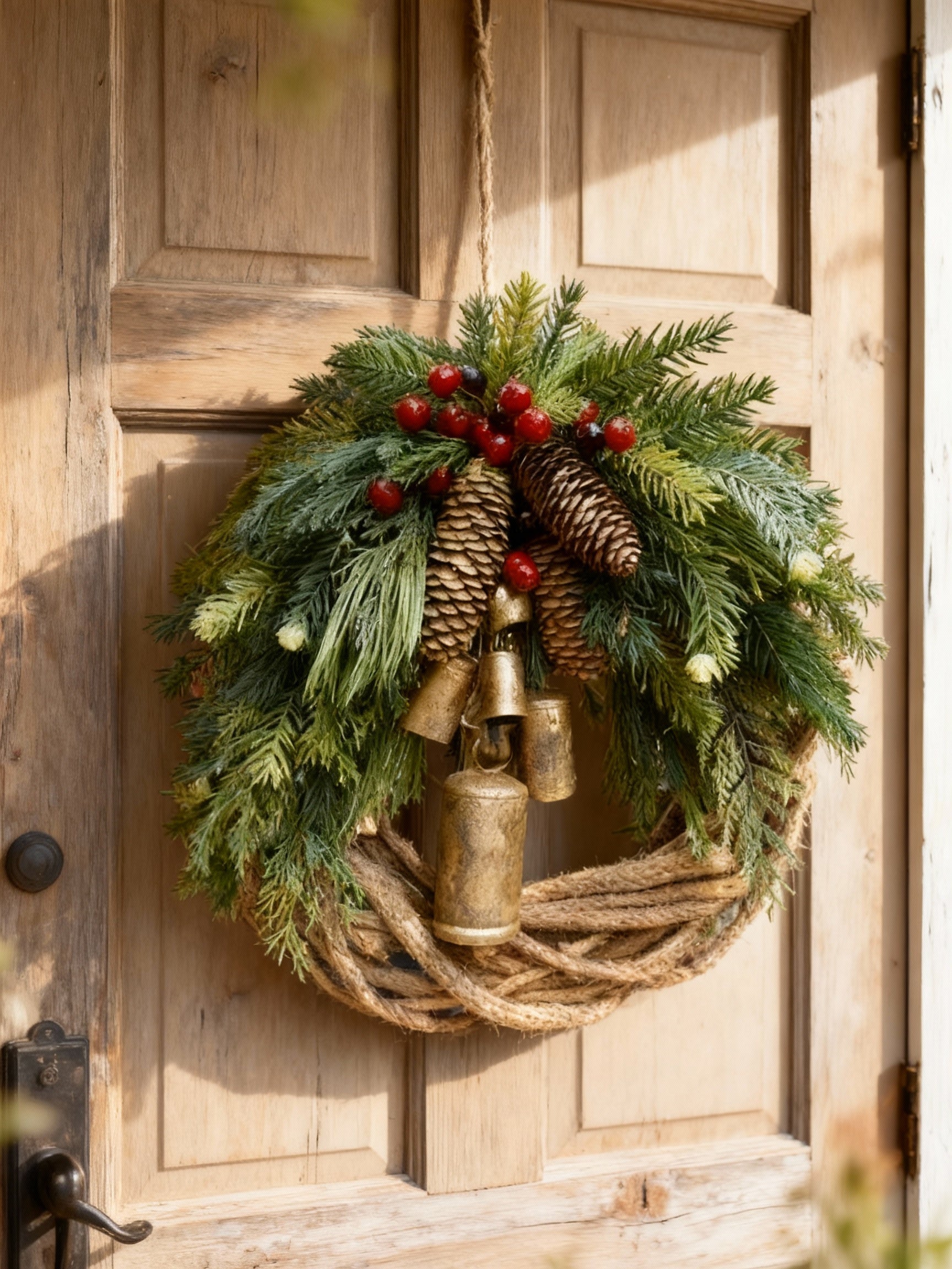 Holiday Wreath | Handmade Bohemian Style | Bells, Pinecones & Berries | 43 cm