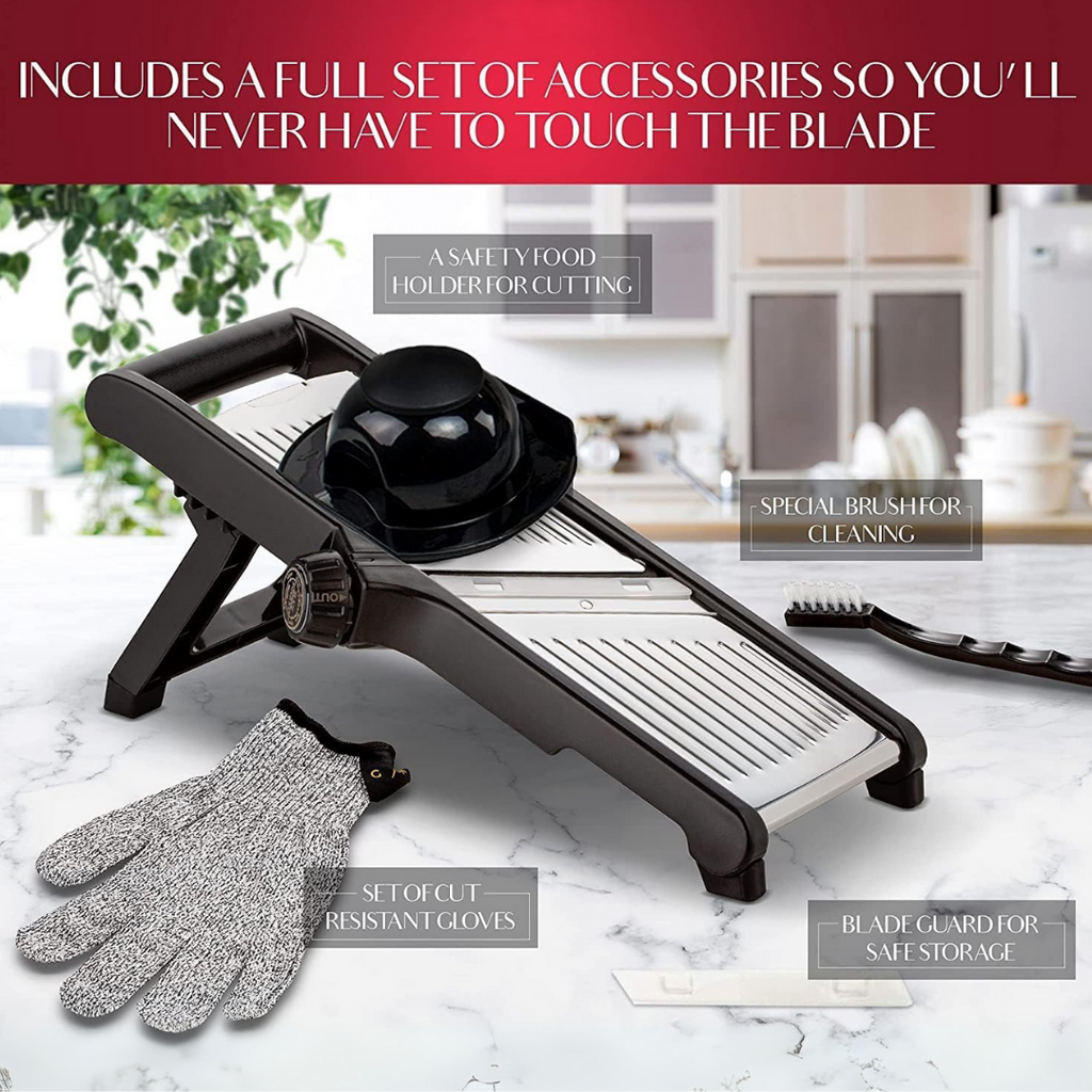 Mandoline Slicer | Adjustable Thickness & Stainless Steel Blade | Cut-Resistant Gloves