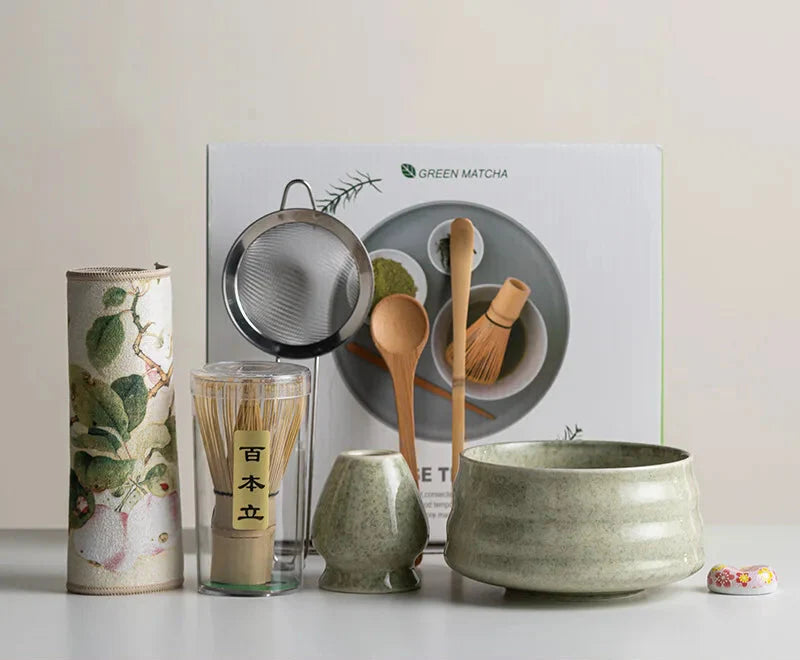 Matcha Tea Set | Sakura Floral Design | 8-Piece Ceramic Bowl & Bamboo Whisk
