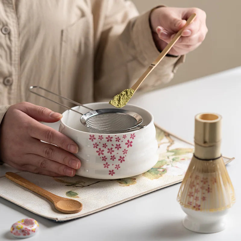 Matcha Tea Set | Sakura Floral Design | 8-Piece Ceramic Bowl & Bamboo Whisk