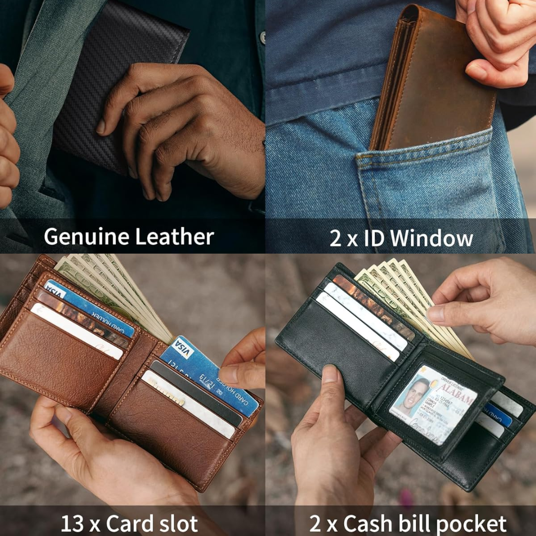 Men's Bifold Wallet | Slim Genuine Leather | RFID Blocking & 13 Card Slots