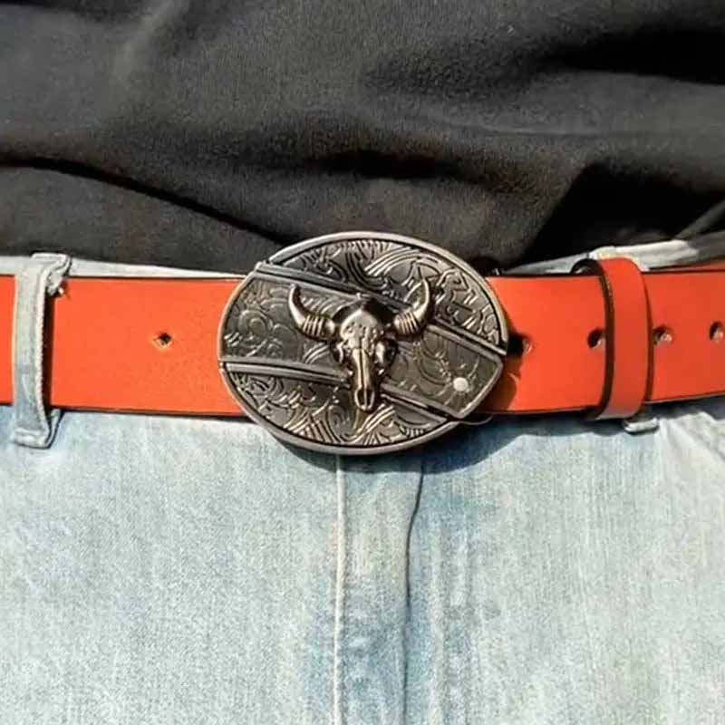 Men's Western Belt Buckle | Oval Bull Skull Design | Concealed Pocket Knife | Everyday Carry