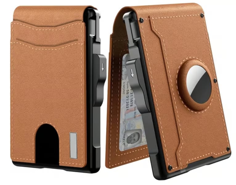 Minimalist Wallet | Pop-Up Aluminum Card Holder & Tracker Pocket | Leather Exterior & RFID Blocking