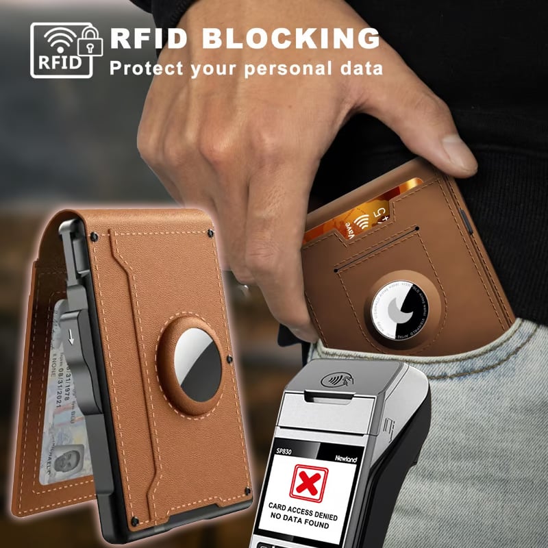 Minimalist Wallet | Pop-Up Aluminum Card Holder & Tracker Pocket | Leather Exterior & RFID Blocking