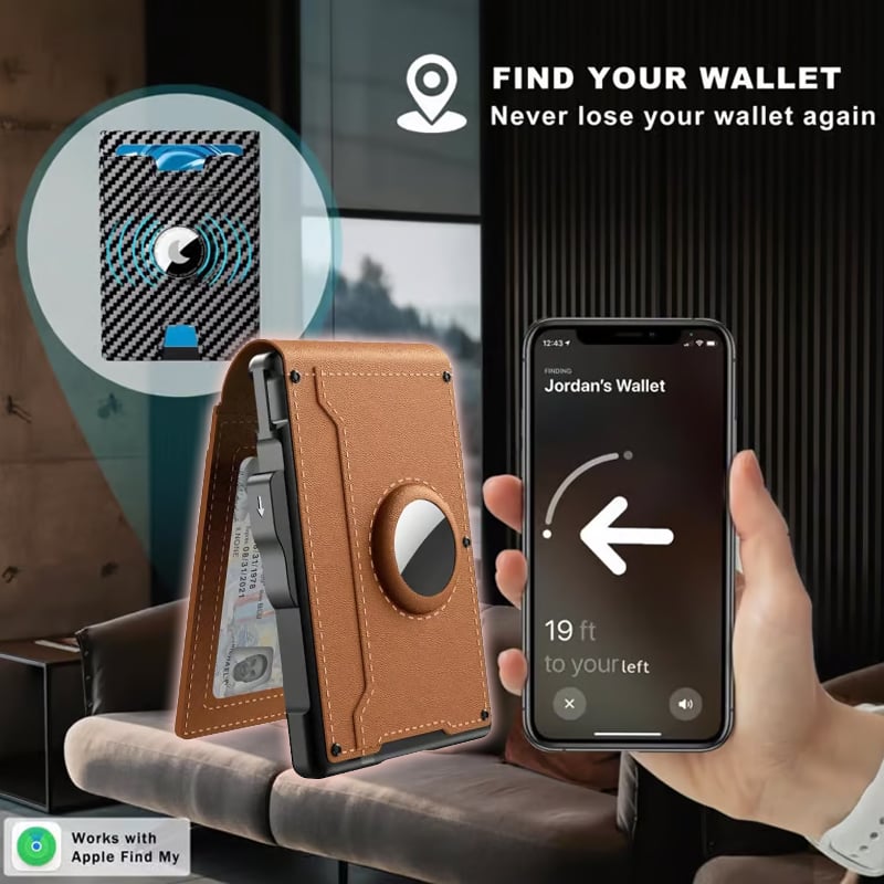 Minimalist Wallet | Pop-Up Aluminum Card Holder & Tracker Pocket | Leather Exterior & RFID Blocking