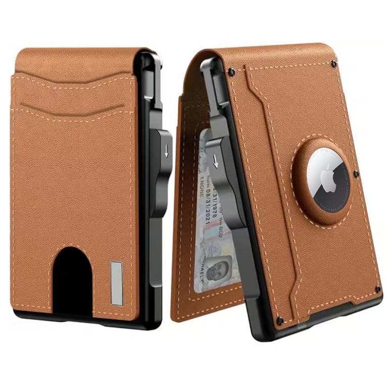 Minimalist Wallet | Pop-Up Aluminum Card Holder & Tracker Pocket | Leather Exterior & RFID Blocking