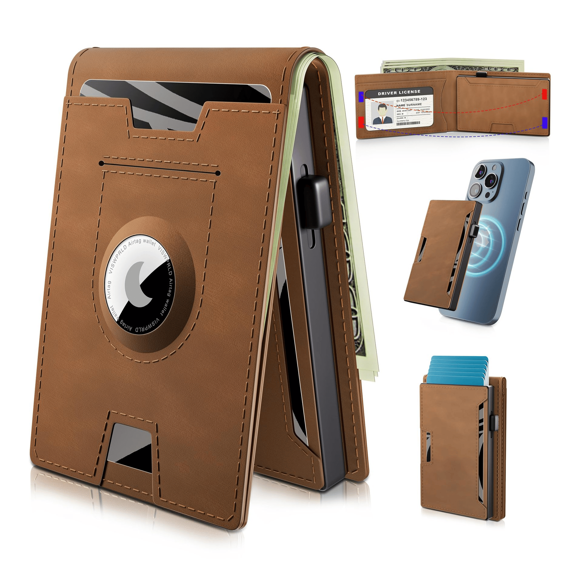 Minimalist Wallet | Pop-Up Aluminum Card Holder & Tracker Pocket | Leather Exterior & RFID Blocking